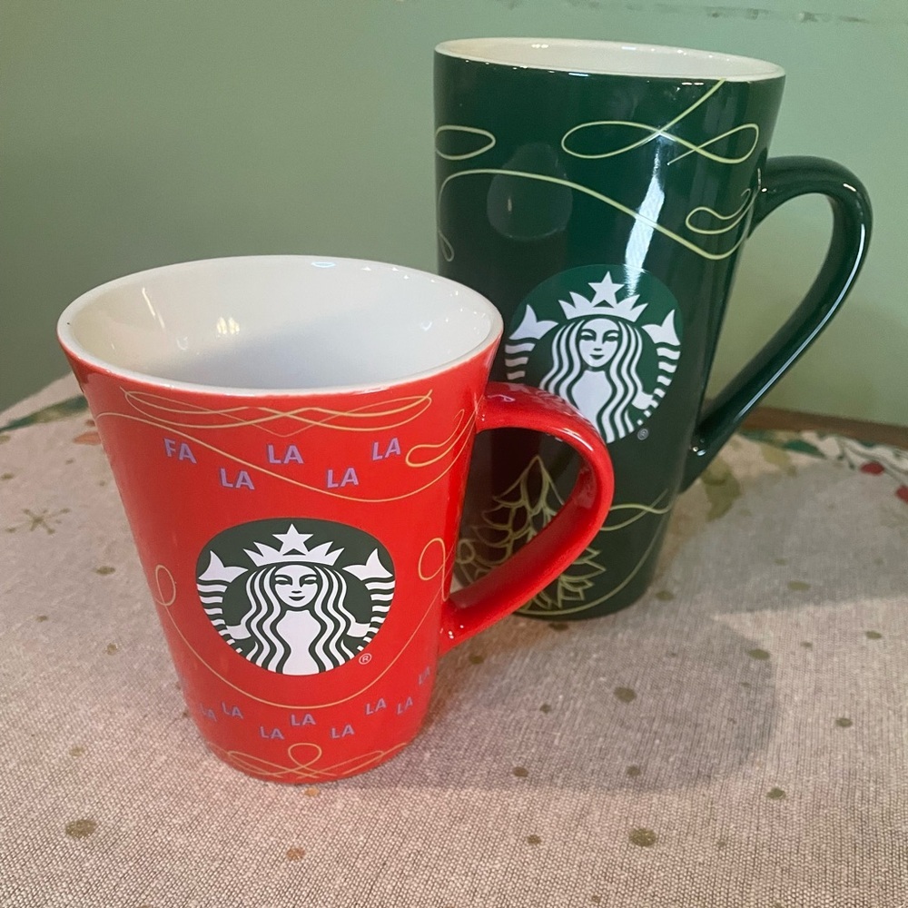 Starbucks 2020 Holiday Mug Set Fa La La Red 10oz & Green Tree 14oz Christmas